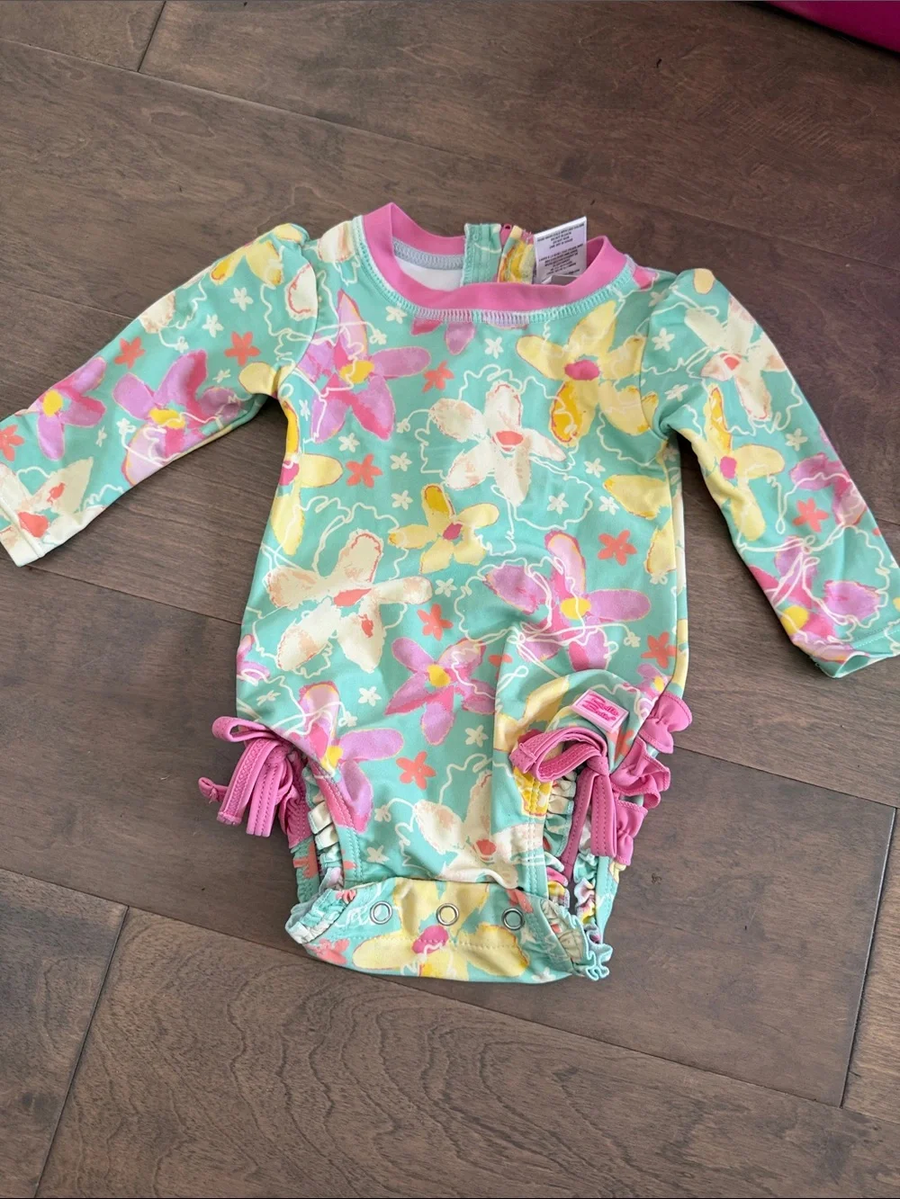 Ruffle Butts Floral Long-Sleeve One-Piece Swimsuit - Mint, Pink & Yellow